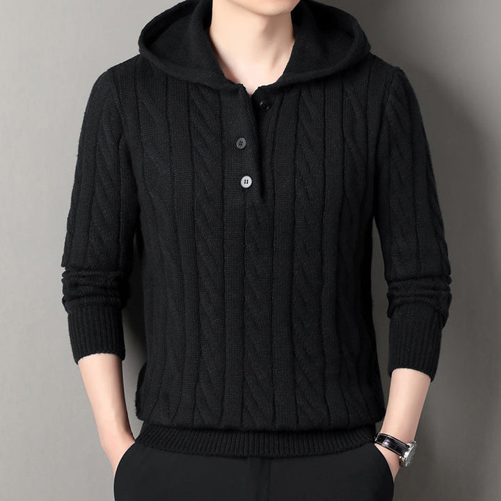 Men's fine knit hoodie with cable pattern, half placket and drawstring Hudson & Parker