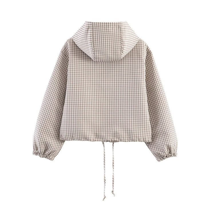Women Short Cut Checkered Hoodie with Zip and Drawstring Hem Hudson & Parker