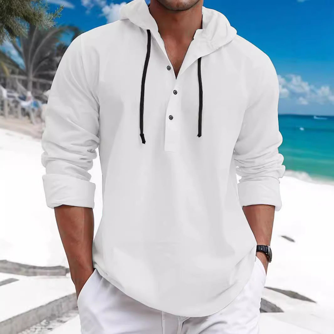 Men's summer hoodie henley with hidden button placket, drawstring and rounded hem Hudson & Parker