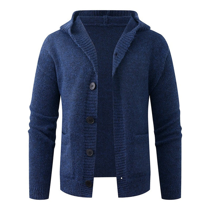 Men's hooded knitted cardigan made of thermal fine knit with a continuous button placket and side pockets Hudson & Parker
