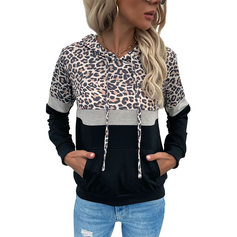 Women's hoodie with leopard print, color block insert and kangaroo pocket Hudson & Parker Fashion