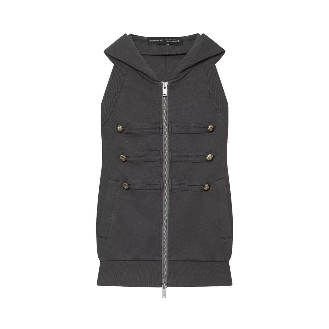 Women's Sleeveless Hooded Vest with Zipper and Military Decorative Buttons Hudson & Parker