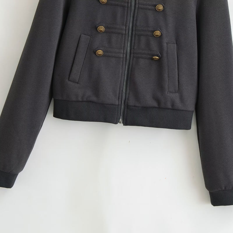 Women's Cropped Hooded Blouson in Military Look with Decorative Button Placket and Ribbed Hem Hudson & Parker