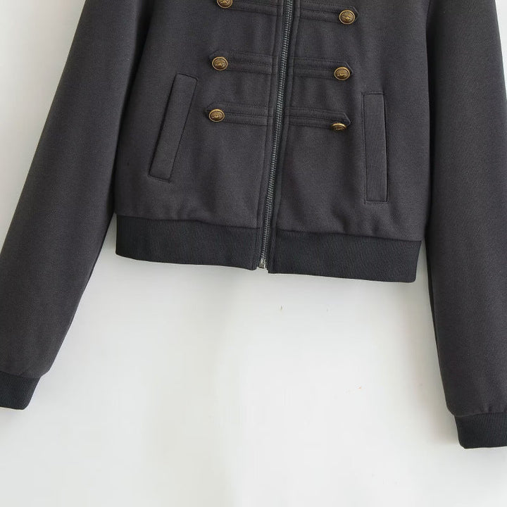 Women's Cropped Hooded Blouson in Military Look with Decorative Button Placket and Ribbed Hem Hudson & Parker