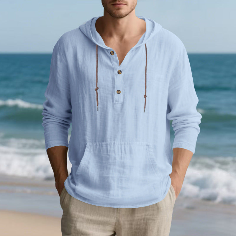 Men's lightweight hooded henley made of linen- blend with kangaroo pocket and button placket Hudson & Parker