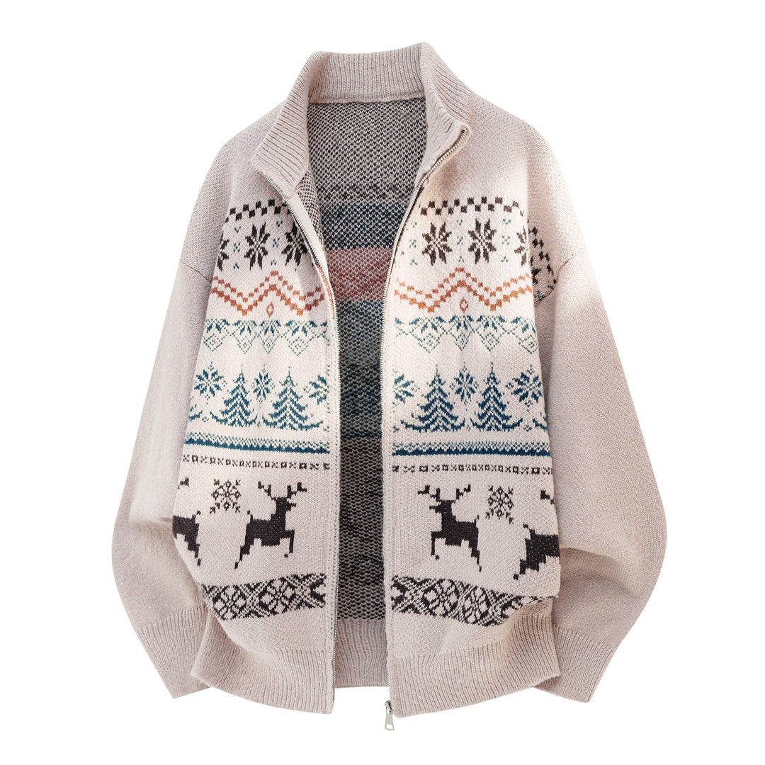 Unisex Zip Sweater Jacket in Norwegian Style with High Collar and Checkered Pattern Hudson & Parker