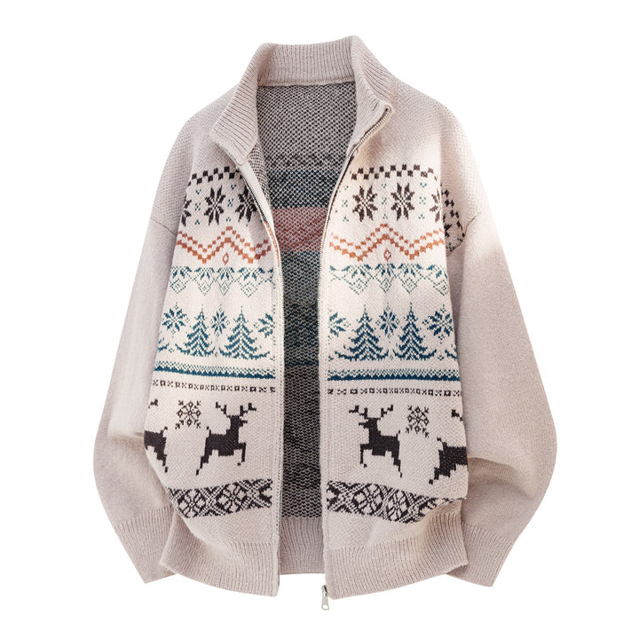 Unisex Zip Sweater Jacket in Norwegian Style with High Collar and Checkered Pattern Hudson & Parker