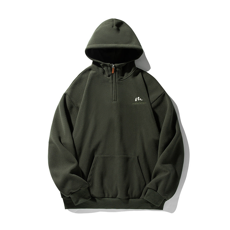 Unisex Fleece-Halfzip-Hoodie with Kangaroo Pocket and Ribbed Hem Hudson & Parker