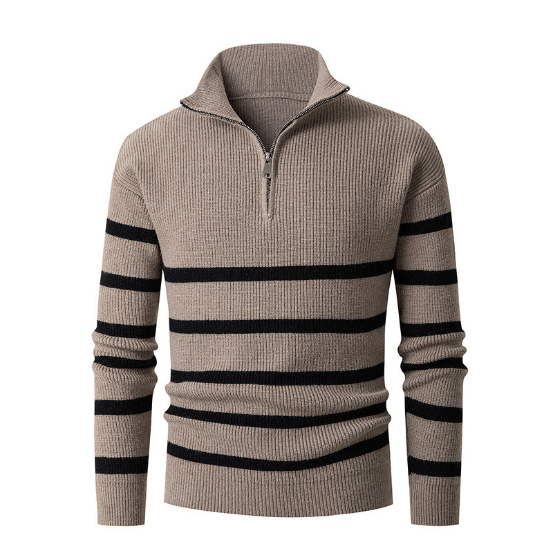 Men's Maritime Stripe Mockneck Pullover with Half Zip and Ribbed Fine Knit Hudson & Parker