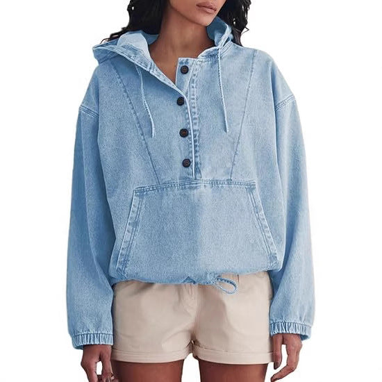 Women's denim hoodie with half button placket, kangaroo pocket, and drawstring hem Hudson & Parker