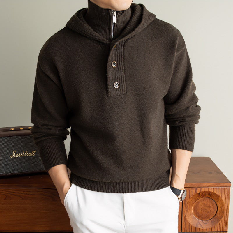 Men's fine knit hooded pullover with half zipper and button placket Hudson & Parker
