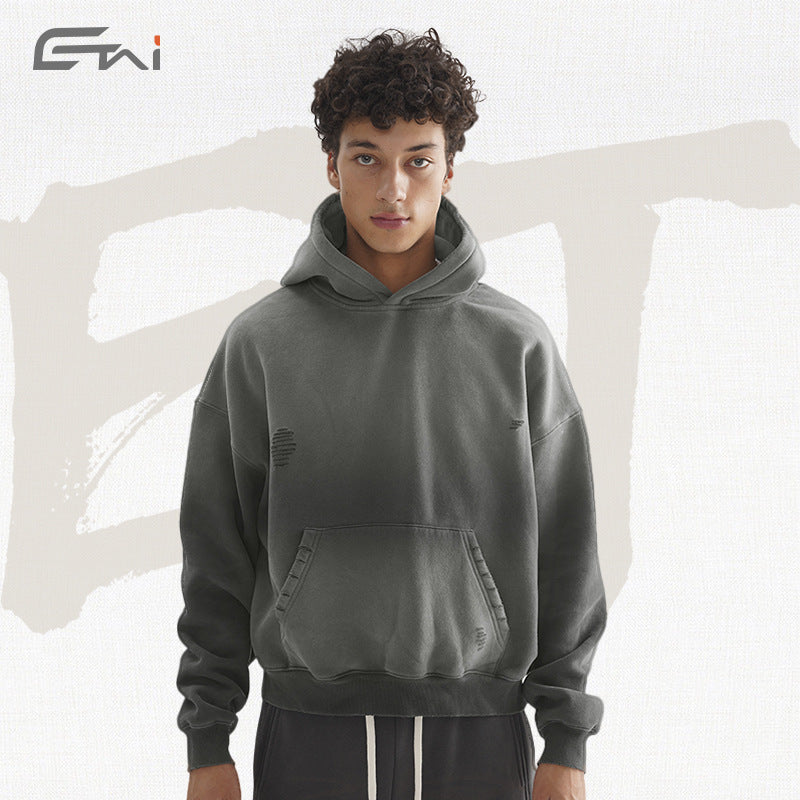 Men's Oversize Hooded Sweatshirt with Washed-Out Vintage Effect and Destroyed Details Hudson & Parker