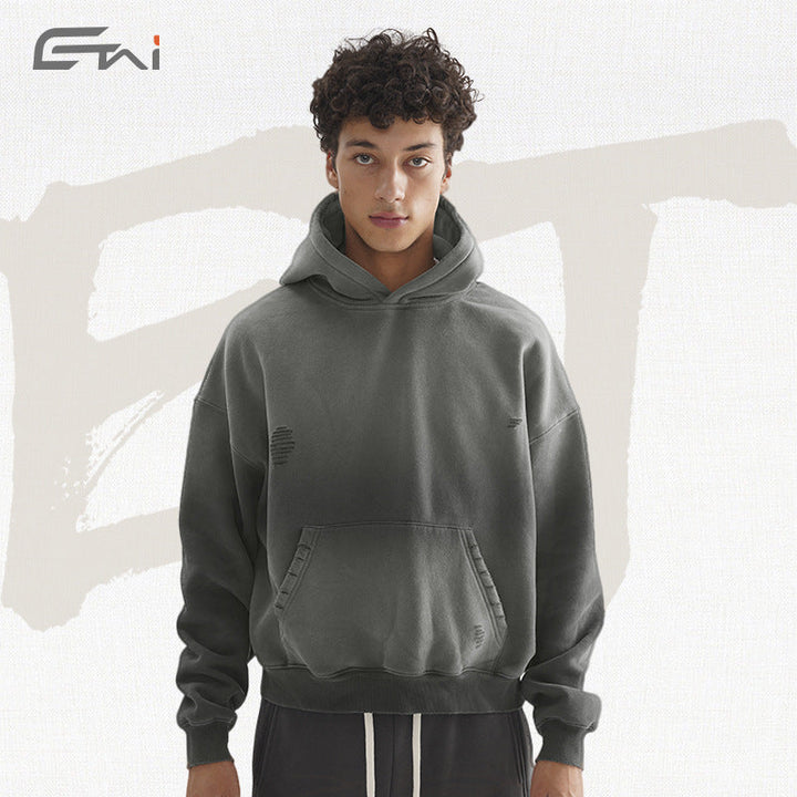 Men's Oversize Hooded Sweatshirt with Washed-Out Vintage Effect and Destroyed Details Hudson & Parker