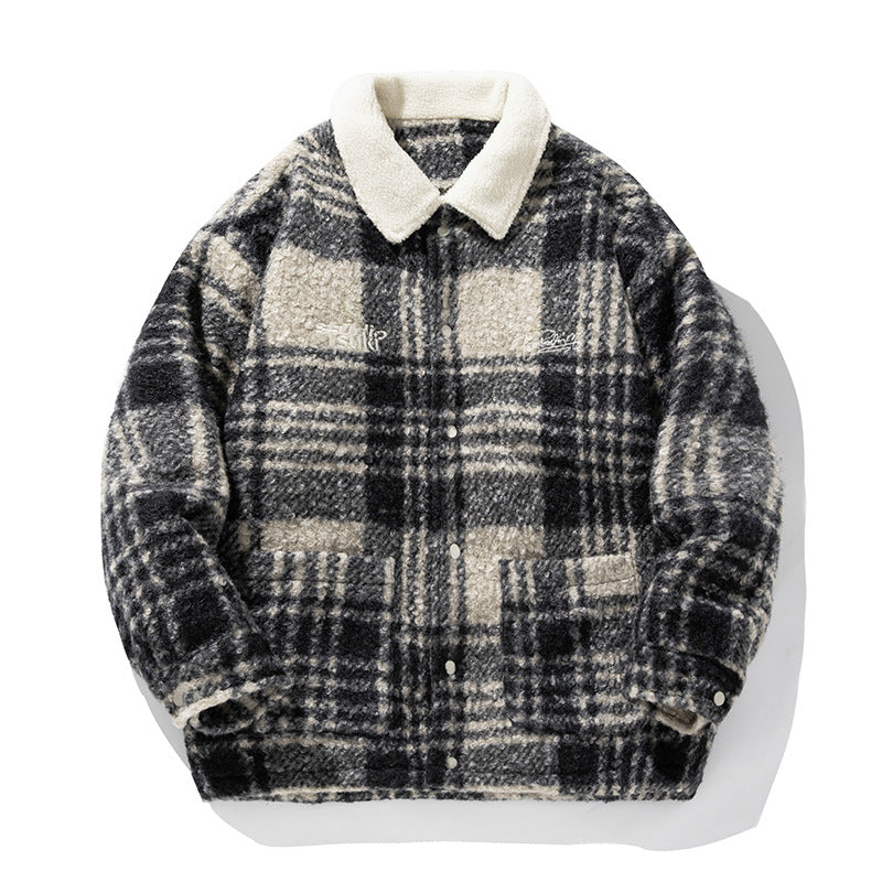 Unisex Cozy Teddy Fleece Shirt Jacket in Check Design with Snap Button Placket and Patch Pockets Hudson & Parker