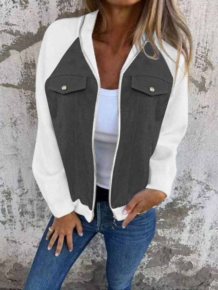 Women's Hooded Sweat Jacket with Denim Look Front, Chest Pockets and Zipper Hudson & Parker Fashion