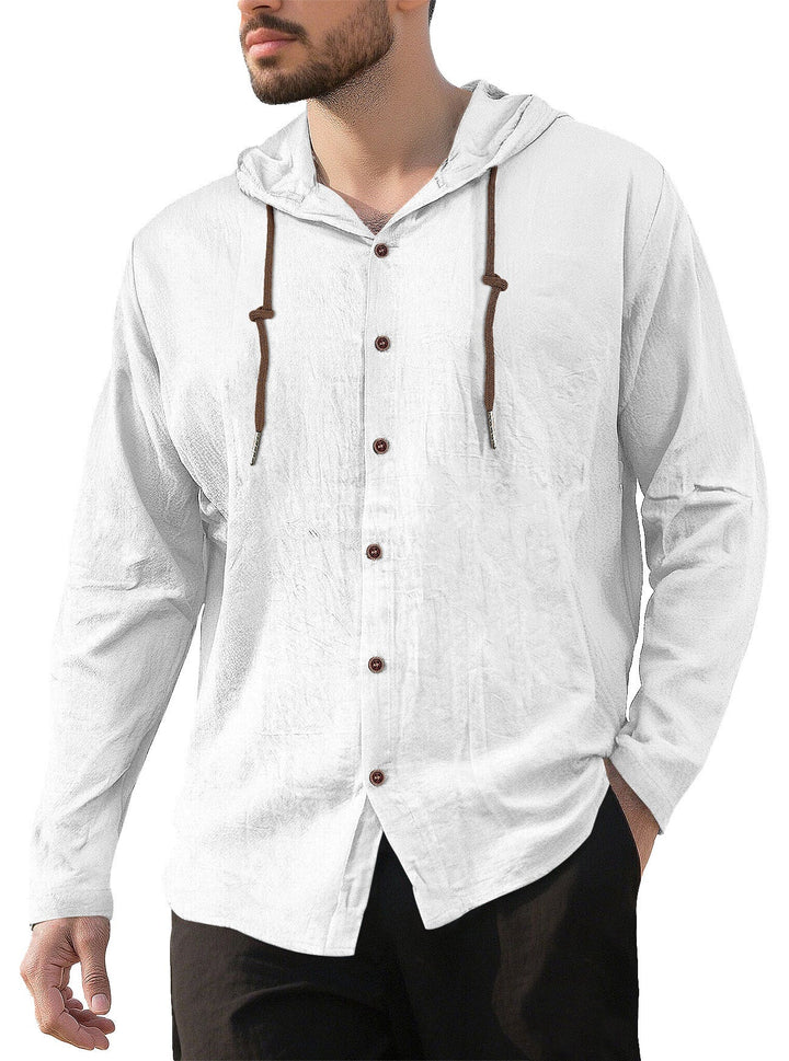 Men's textured linen blend hooded shirt with button placket, wood buttons, and side slits Hudson & Parker