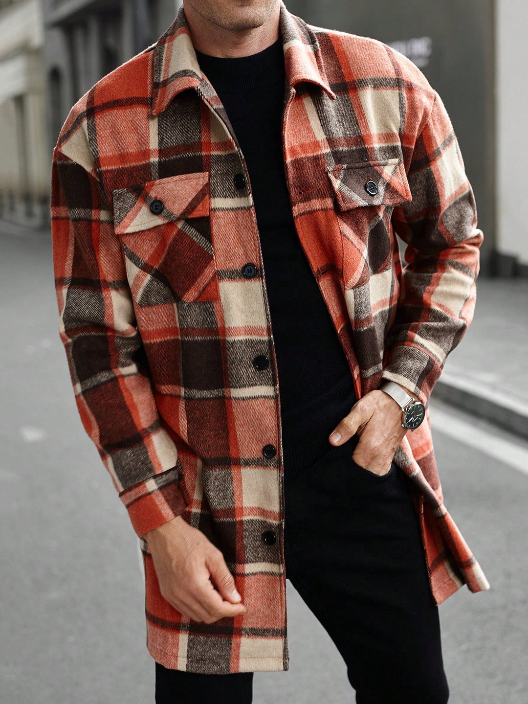Men's checked longline overshirt with patch chest pockets and button placket Hudson & Parker
