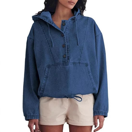 Women's denim hoodie with half button placket, kangaroo pocket, and drawstring hem Hudson & Parker