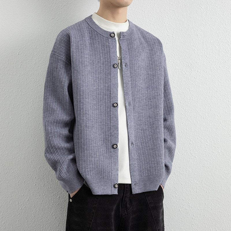 Men's Loose-Fit Structured Knit Cardigan with Round Neck and Button Placket Hudson & Parker