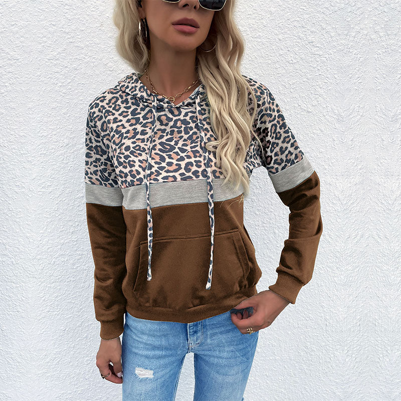 Women's hoodie with leopard print, color block insert and kangaroo pocket Hudson & Parker Fashion