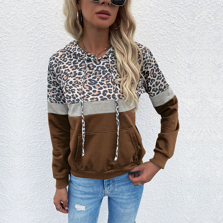 Women's hoodie with leopard print, color block insert and kangaroo pocket Hudson & Parker Fashion