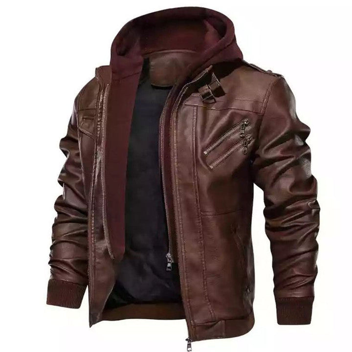 Men's Hooded Faux Leather Jacket in Biker Style with Zipper Pockets and Ribbed Cuffs Hudson & Parker