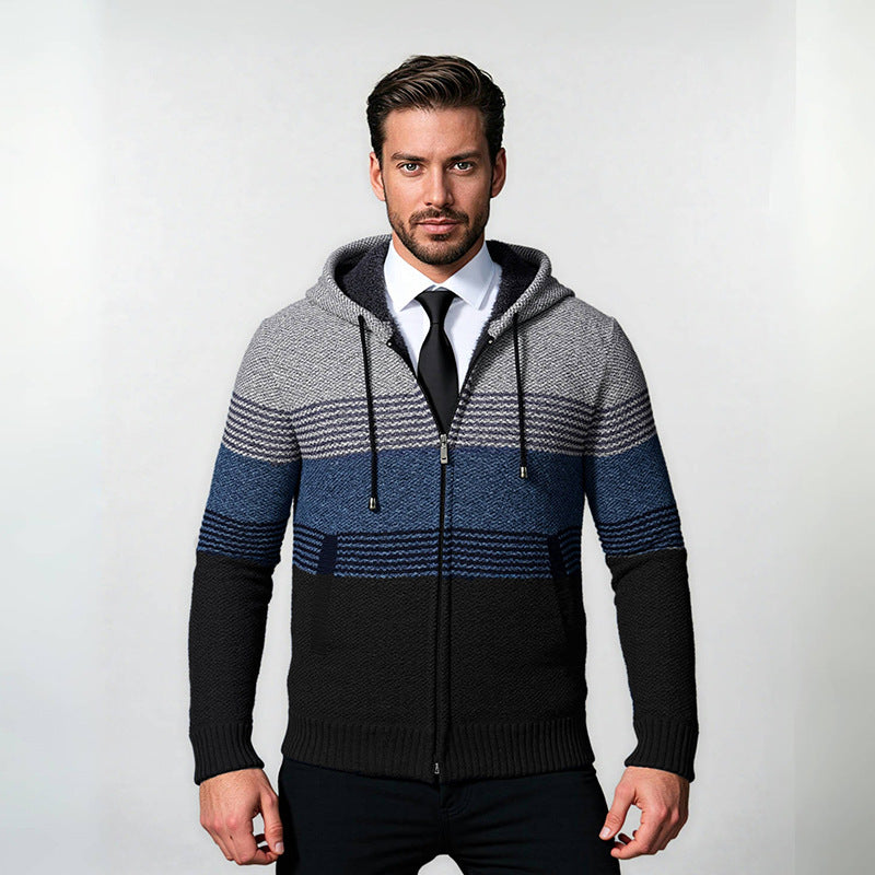 Men's hooded knit zip jacket with gradient block stripe pattern and thermal structure Hudson & Parker