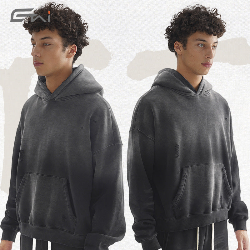Men's Loose Distressed Sweatset with Cropped Hoodie and Baggy Jogging Pants Hudson & Parker