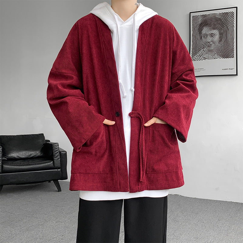 Men's oversized cord kimono cardigan with drawstring, patch pockets and drop sleeves Hudson & Parker