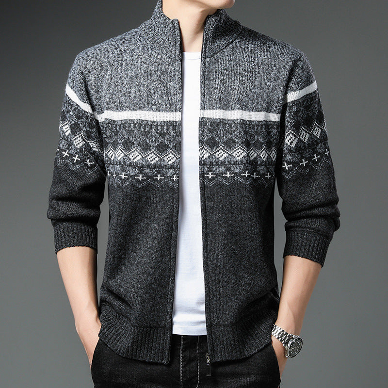 Men's Norwegian Pattern Cardigan with Full Zip and Stand-Up Collar Hudson & Parker