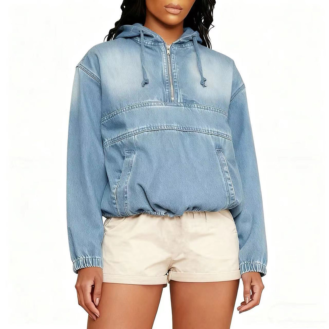 Women's Jeans Hoodie with Half Zip, Hood and Elastic Hem Hudson & Parker