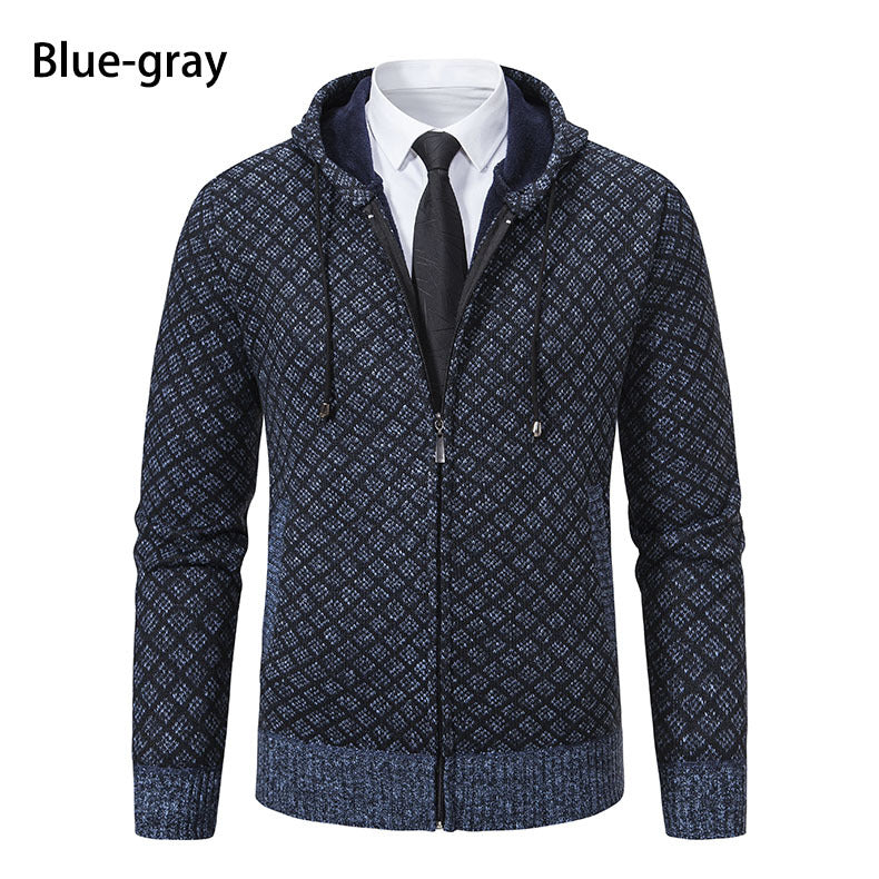 Men's jacquard zip knit jacket with hood and warm fleece lining Hudson & Parker