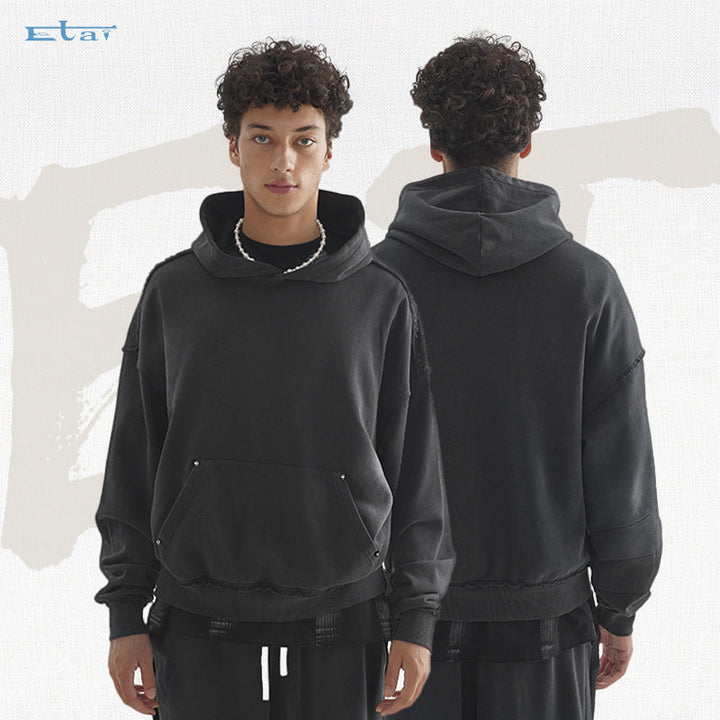 Unisex Oversized Hoodie with Frayed Hem, Kangaroo Pocket and Washed Bleach Effect Hudson & Parker