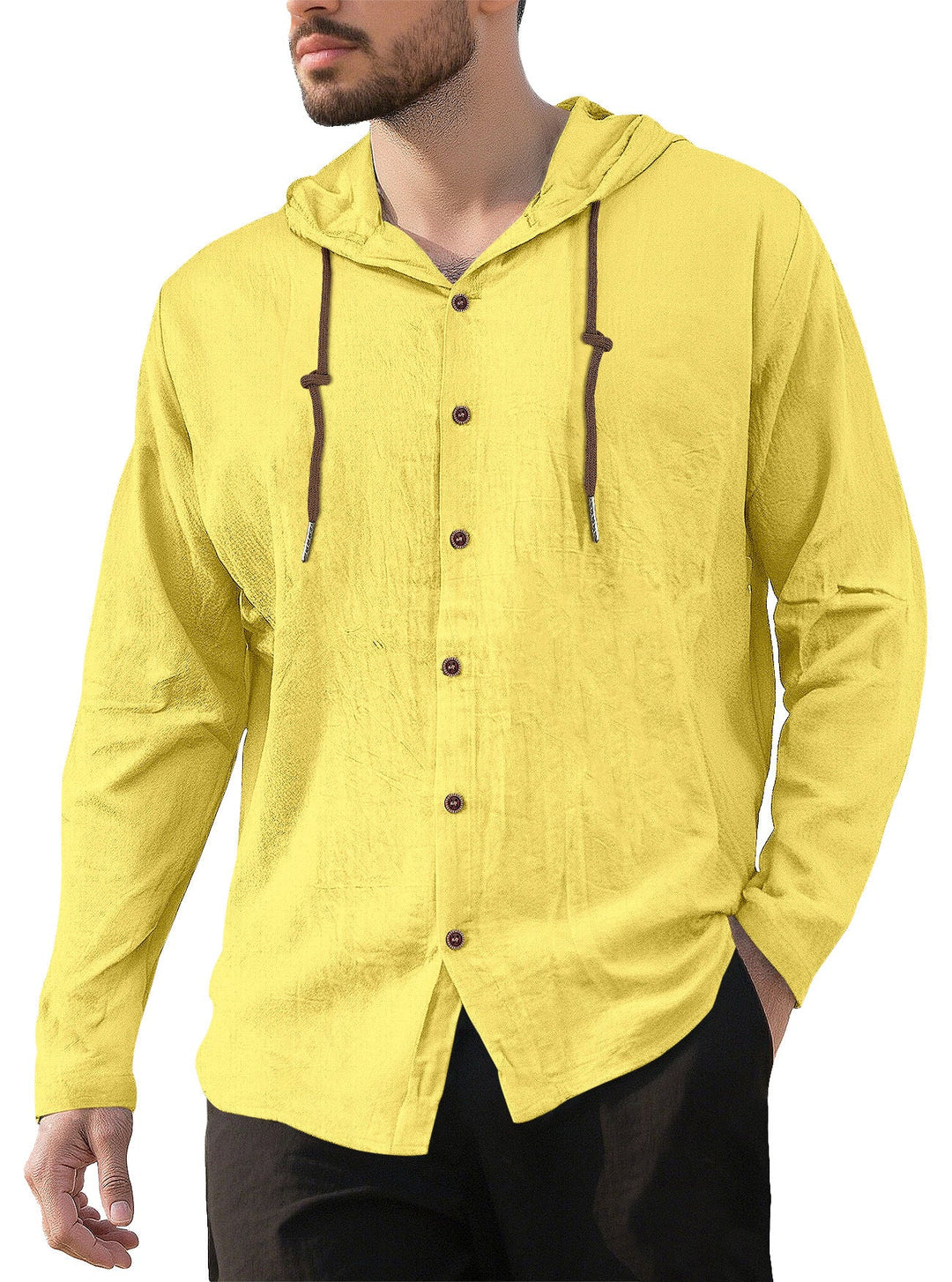 Men's textured linen blend hooded shirt with button placket, wood buttons, and side slits Hudson & Parker