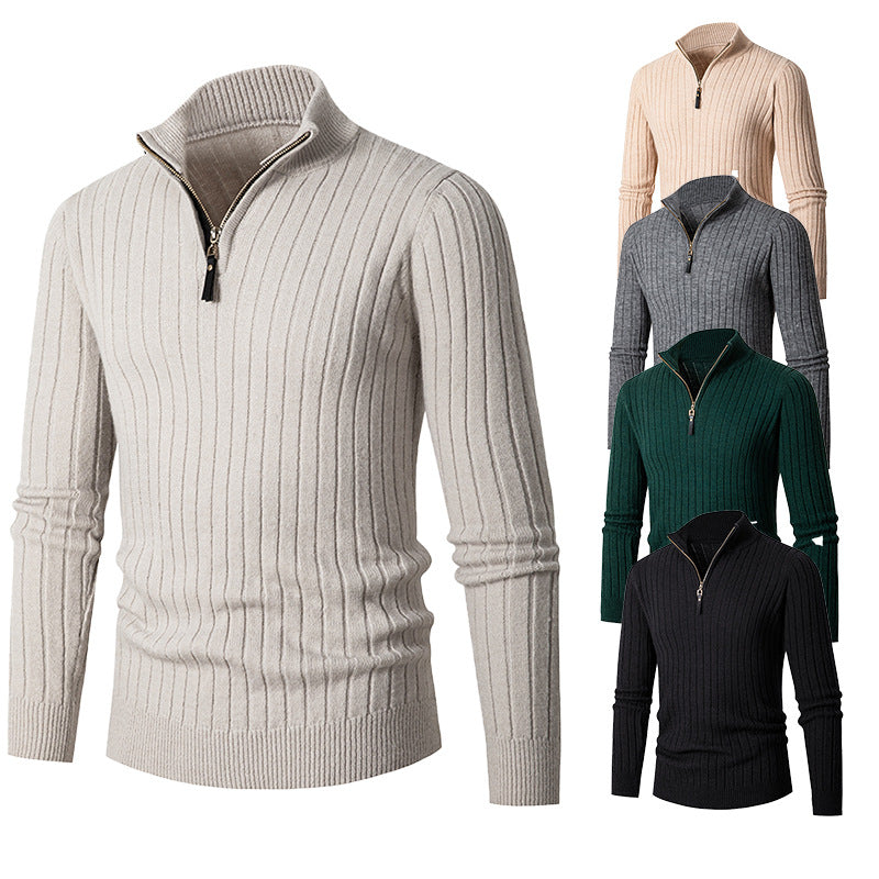Men's Ribbed Fine Knit Half-Zip Jumper with High Collar and Zipper Hudson & Parker
