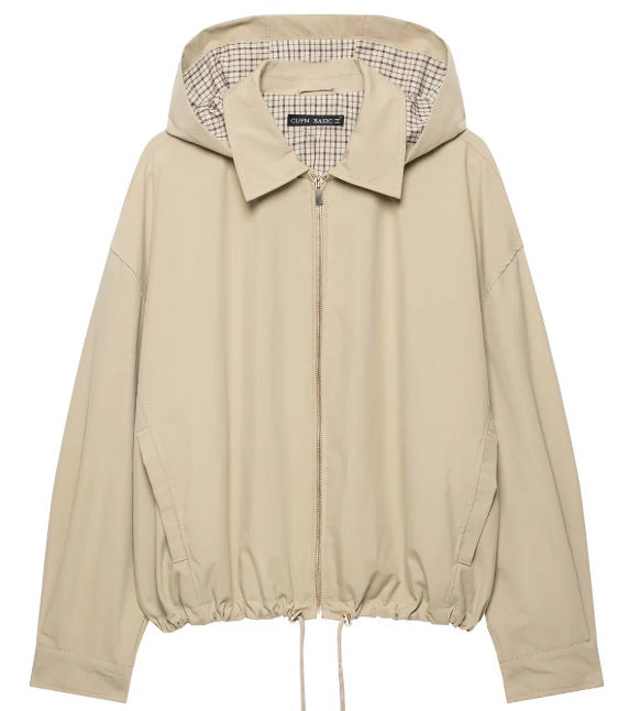 Women's Lightweight Hooded Jacket in Boxy Cut with Drawstring and Check Lining Hudson & Parker