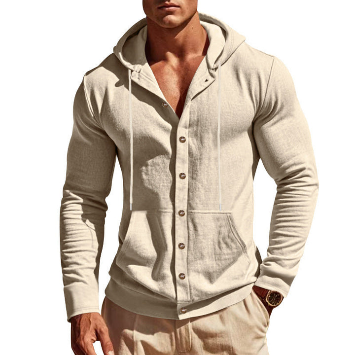 Men's slim-fit hoodie cardigan with full button placket, mounted kangaroo pocket, and lightweight structured knit Hudson & Parker