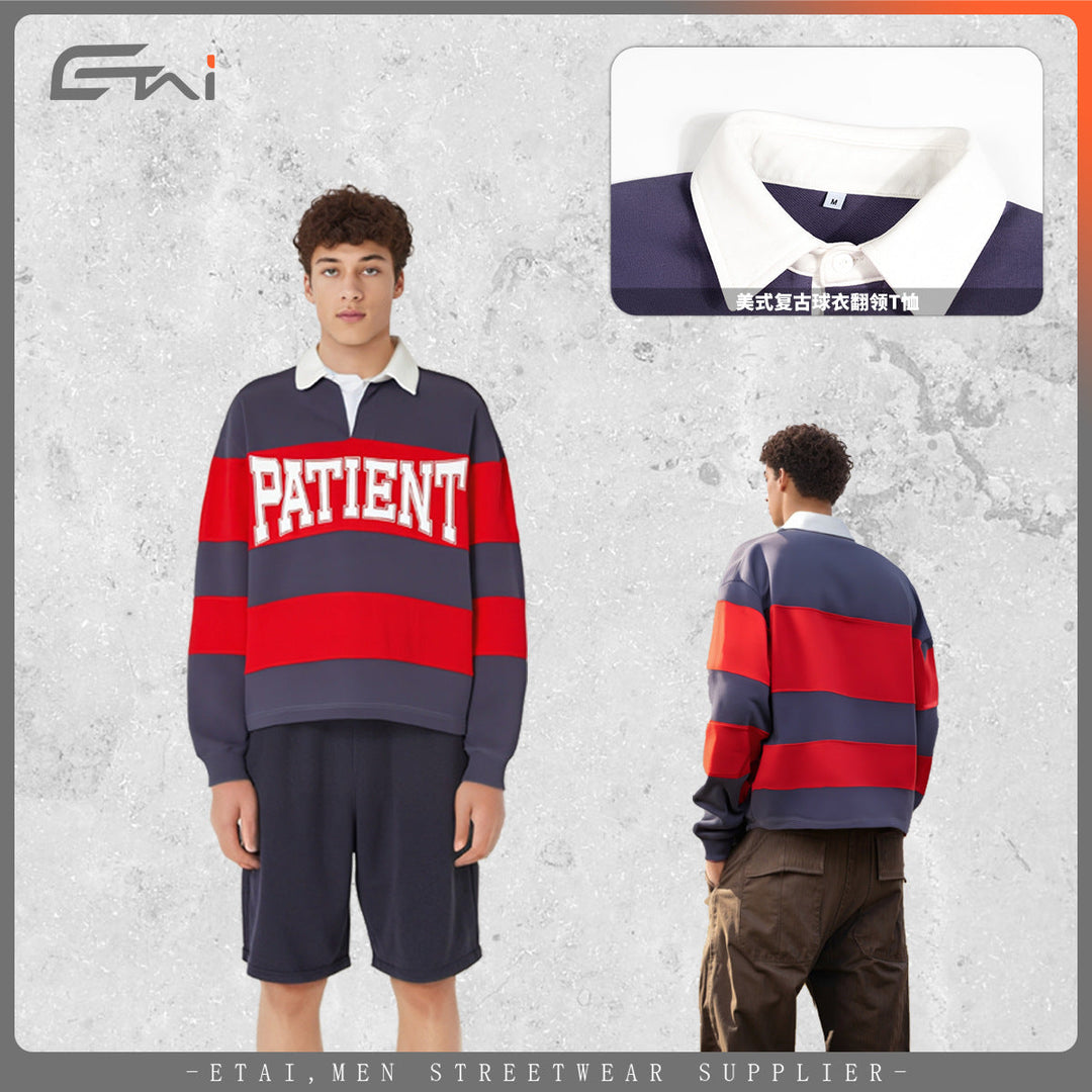 Men Striped Rugby Polo Sweatshirt with Contrast Collar and Oversized Fit Hudson & Parker