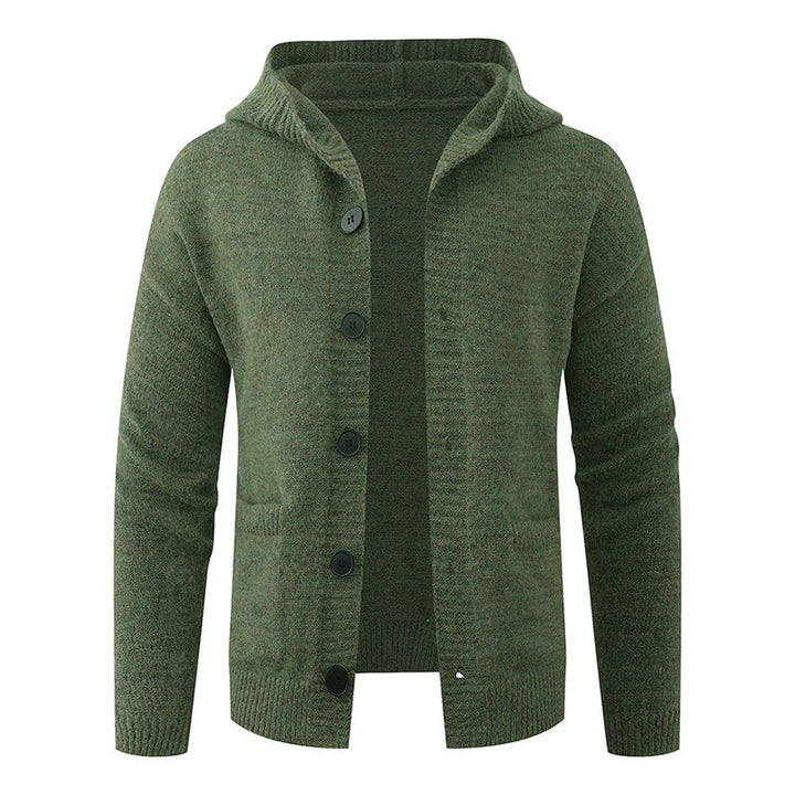 Men's hooded knitted cardigan made of thermal fine knit with a continuous button placket and side pockets Hudson & Parker