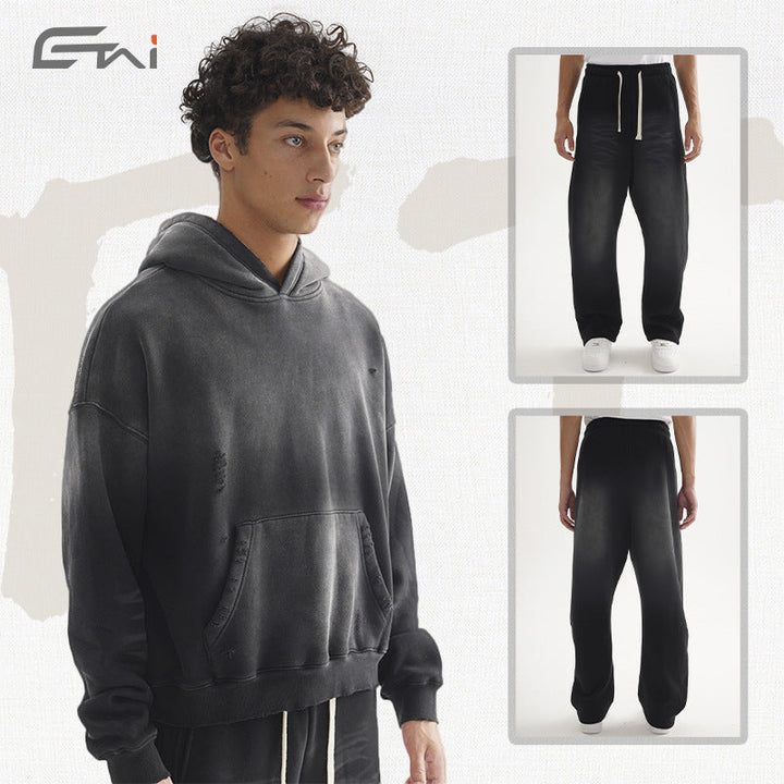 Men's Loose Distressed Sweatset with Cropped Hoodie and Baggy Jogging Pants Hudson & Parker