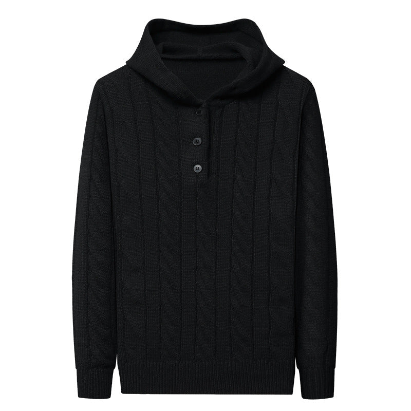 Men's fine knit hoodie with cable pattern, half placket and drawstring Hudson & Parker
