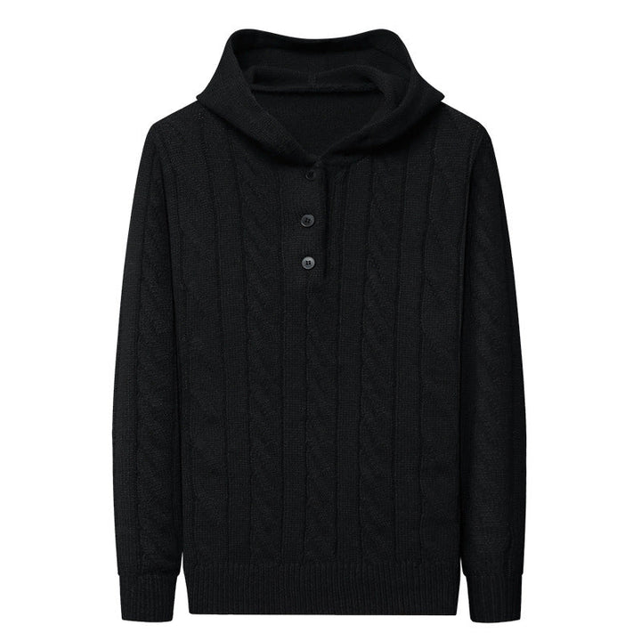 Men's fine knit hoodie with cable pattern, half placket and drawstring Hudson & Parker