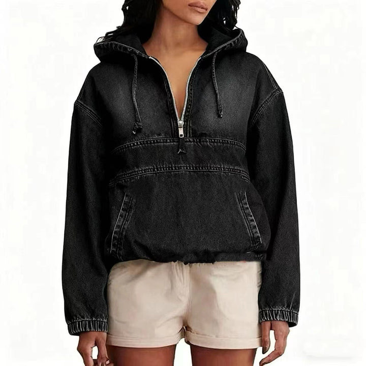 Women's Jeans Hoodie with Half Zip, Hood and Elastic Hem Hudson & Parker