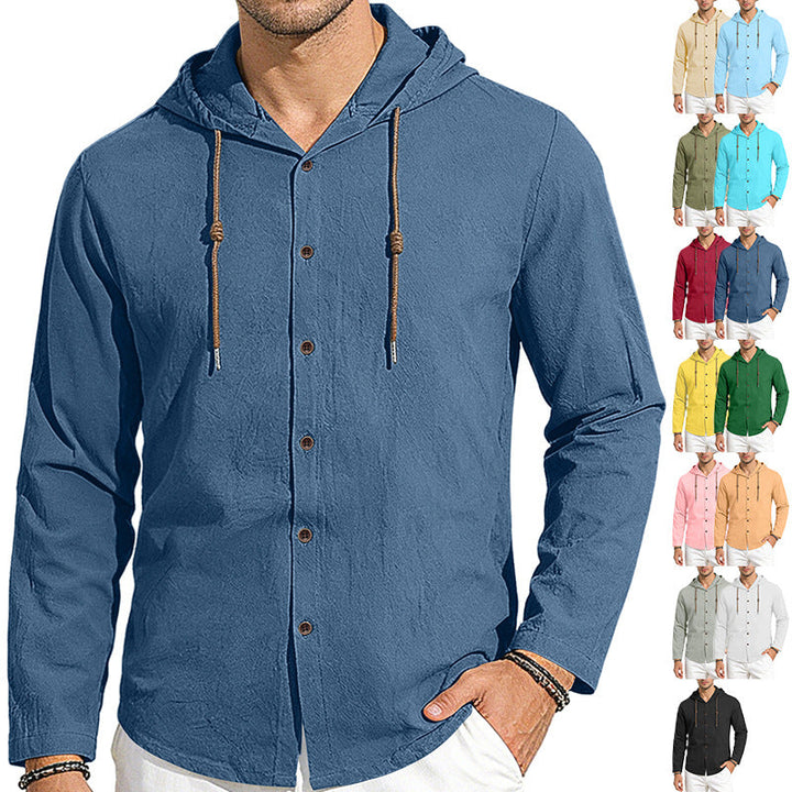 Men's textured linen blend hooded shirt with button placket, wood buttons, and side slits Hudson & Parker