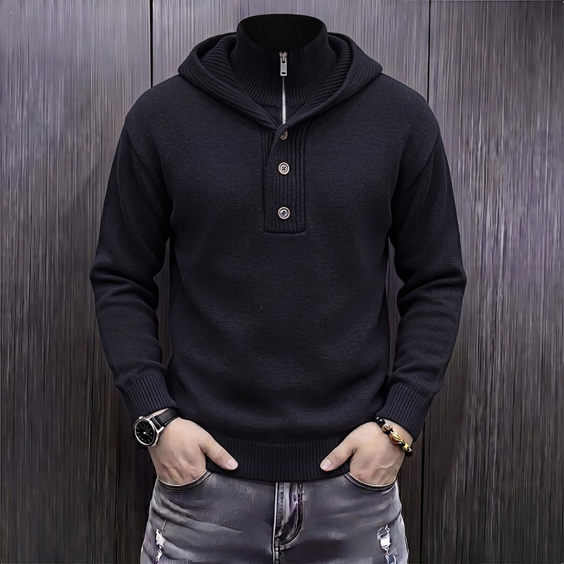 Men's fine knit hooded pullover with half zipper and button placket Hudson & Parker