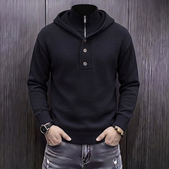 Men's fine knit hooded pullover with half zipper and button placket Hudson & Parker