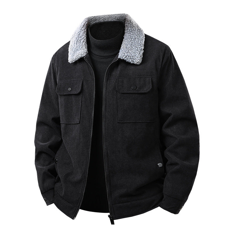 Men's cord work jacket with sherpa collar, concealed zipper, and multi-pocket chest pockets Hudson & Parker