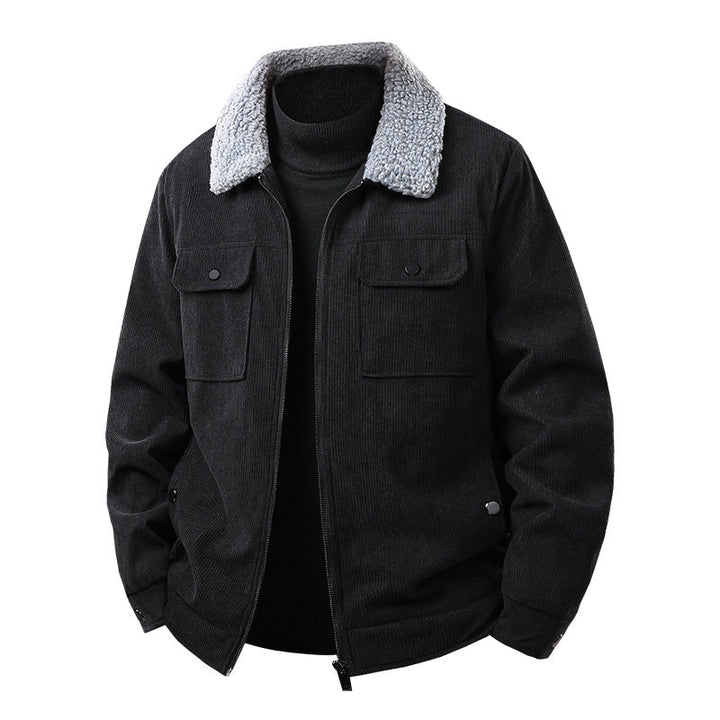 Men's cord work jacket with sherpa collar, concealed zipper, and multi-pocket chest pockets Hudson & Parker