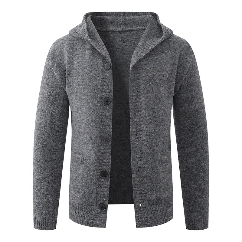 Men's hooded knitted cardigan made of thermal fine knit with a continuous button placket and side pockets Hudson & Parker