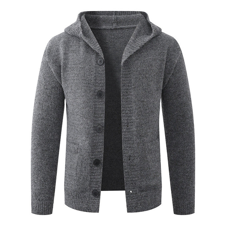 Men's hooded knitted cardigan made of thermal fine knit with a continuous button placket and side pockets Hudson & Parker